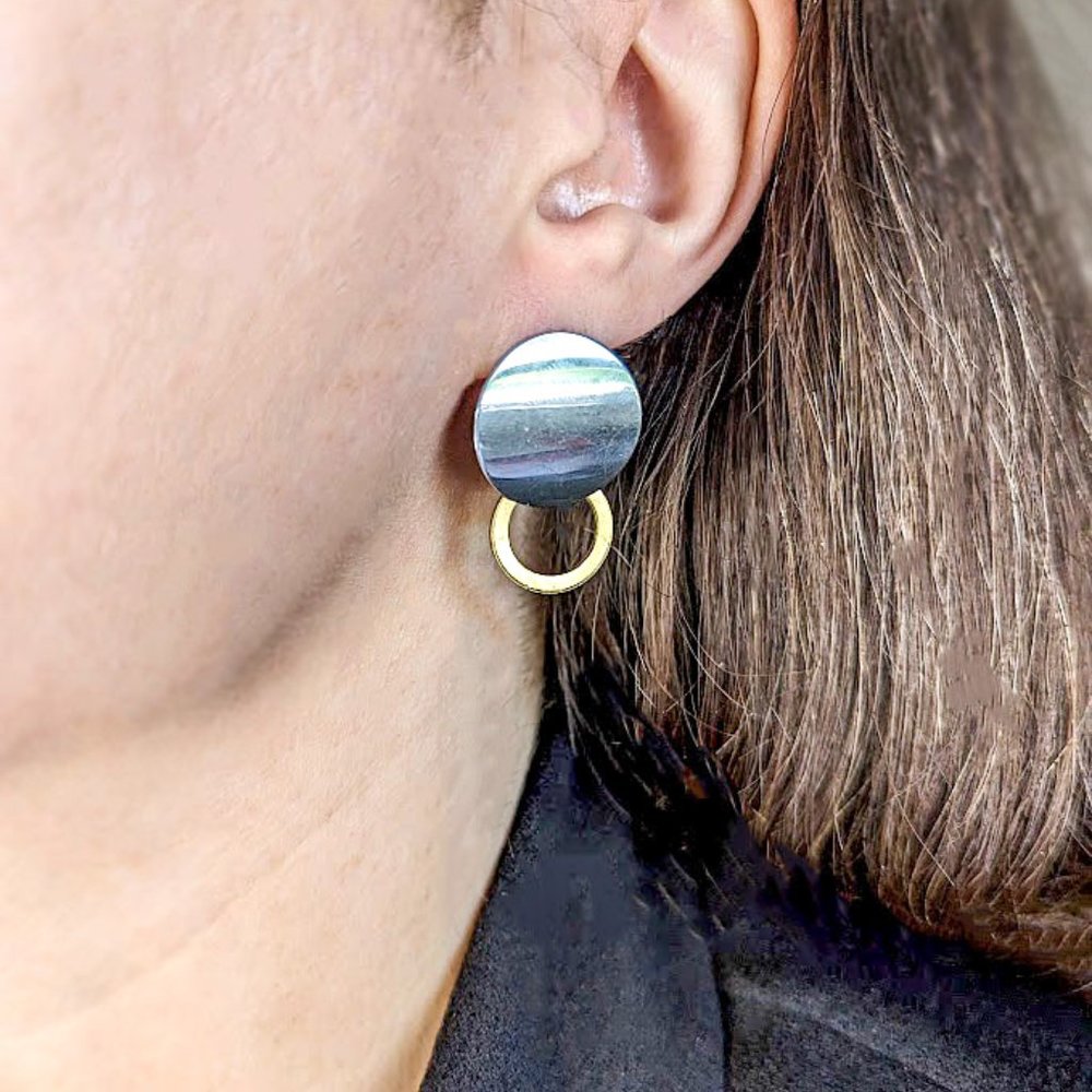 Minimalist Retro Stainless Steel Two Tone Stud Disc and Hoop Earrings
